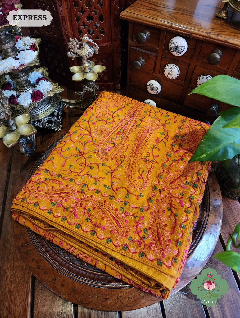 Zynah Mustard Yellow Georgette Saree With Kashida Inspired Embroidery; Custom Stitched/Ready-made Blouse, Fall, Petticoat; SKU: 1412202305
