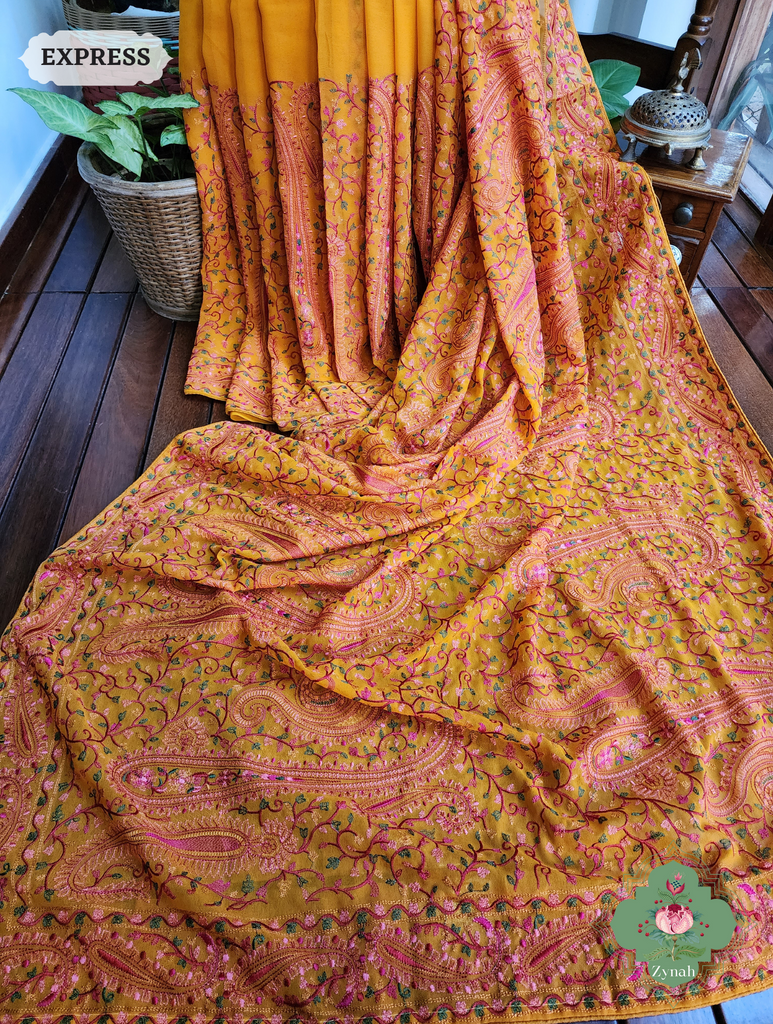 Mustard Yellow Georgette Saree With Kashida Inspired Embroidery 1