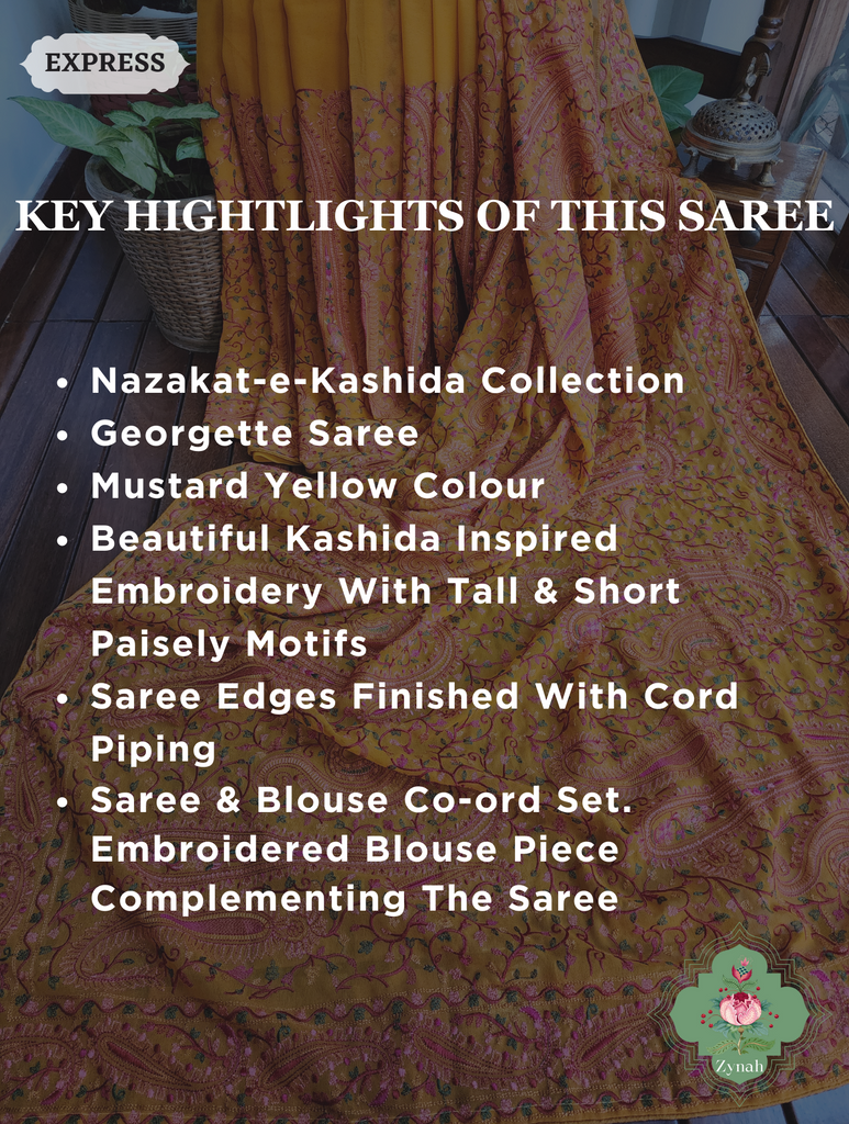 Mustard Yellow Georgette Saree With Kashida Inspired Embroidery 2