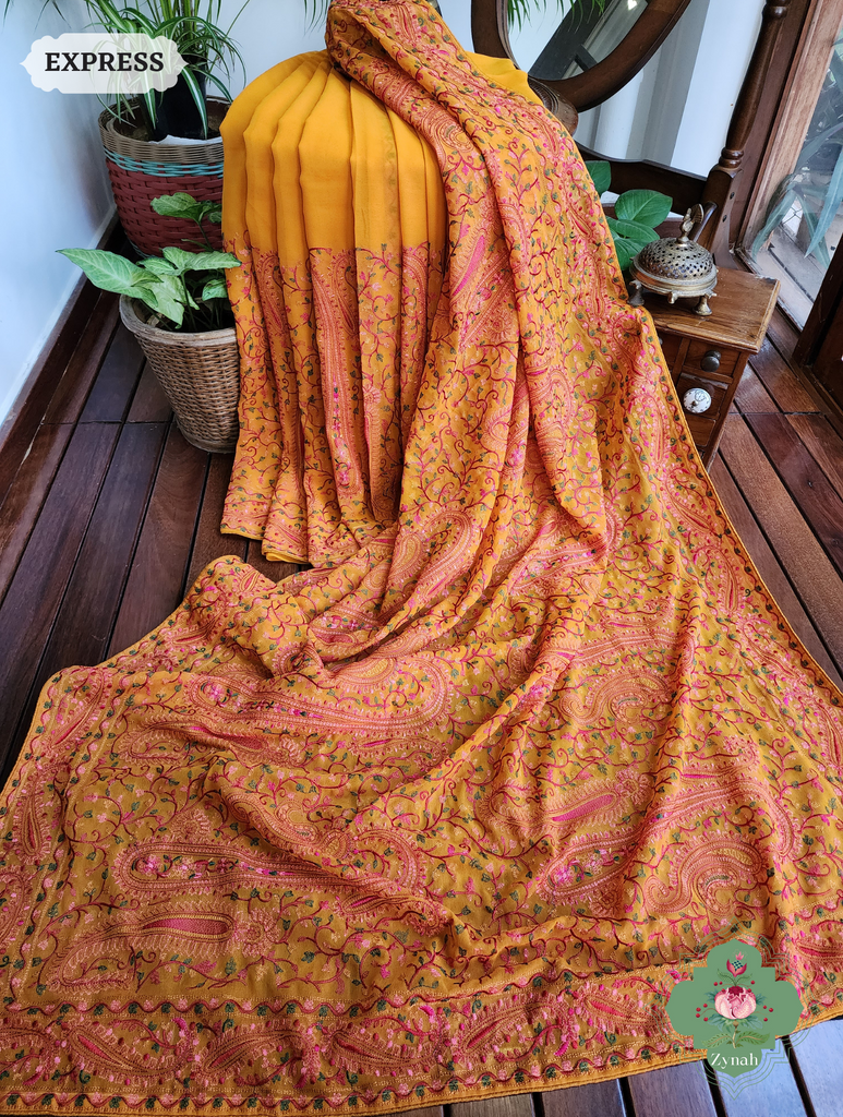 Mustard Yellow Georgette Saree With Kashida Inspired Embroidery 3