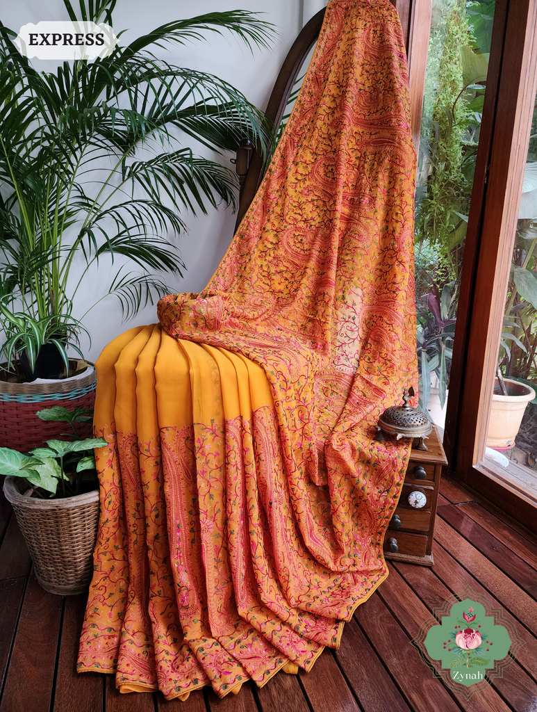 Mustard Yellow Georgette Saree With Kashida Inspired Embroidery 4