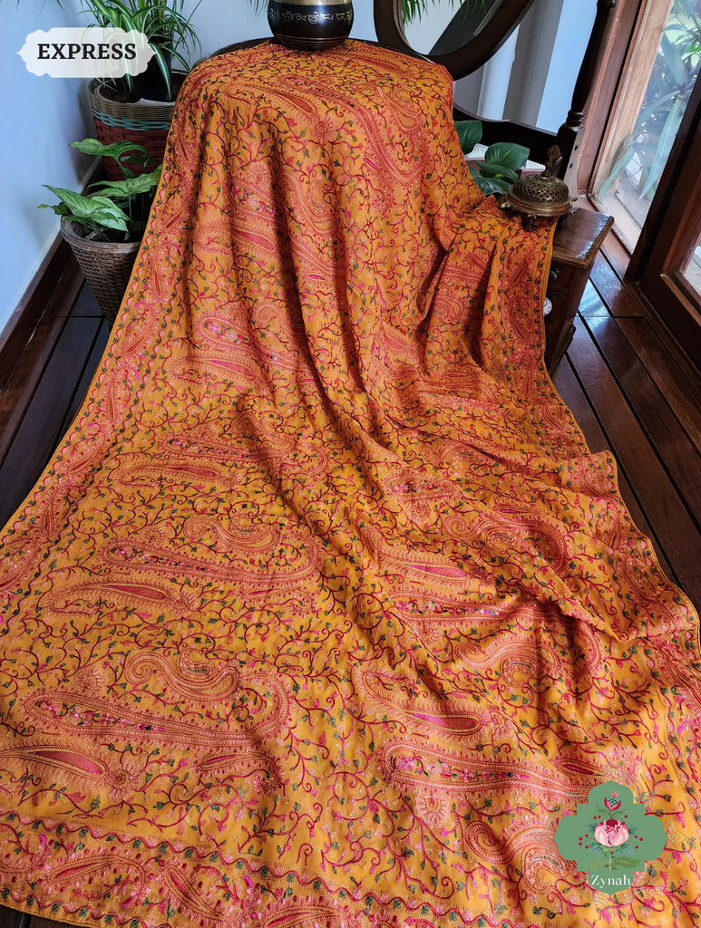 Mustard Yellow Georgette Saree With Kashida Inspired Embroidery 6