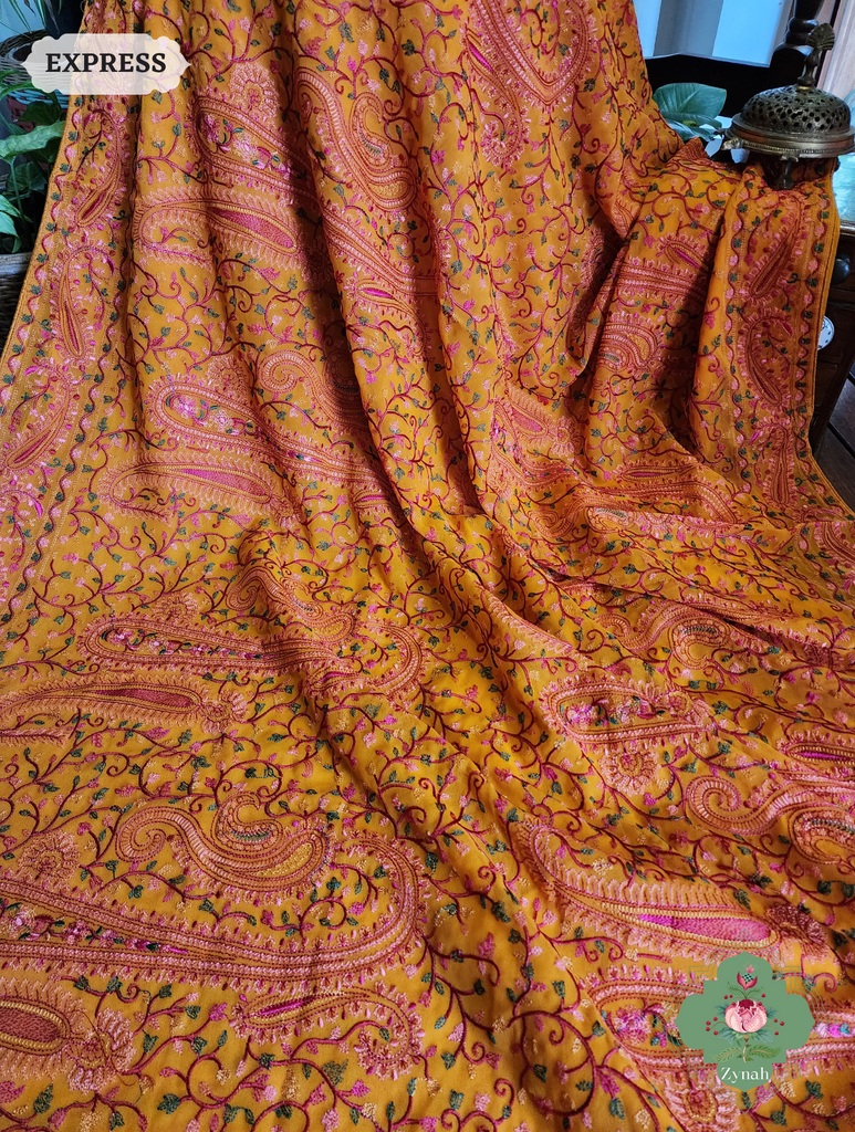 Mustard Yellow Georgette Saree With Kashida Inspired Embroidery 7