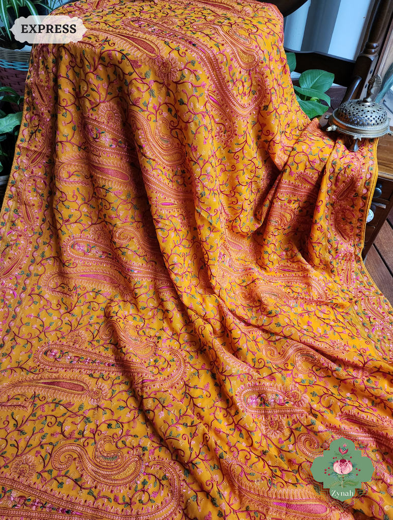 Mustard Yellow Georgette Saree With Kashida Inspired Embroidery 8