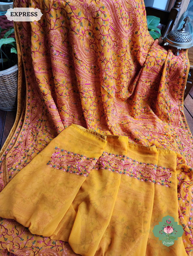 Mustard Yellow Georgette Saree With Kashida Inspired Embroidery 9