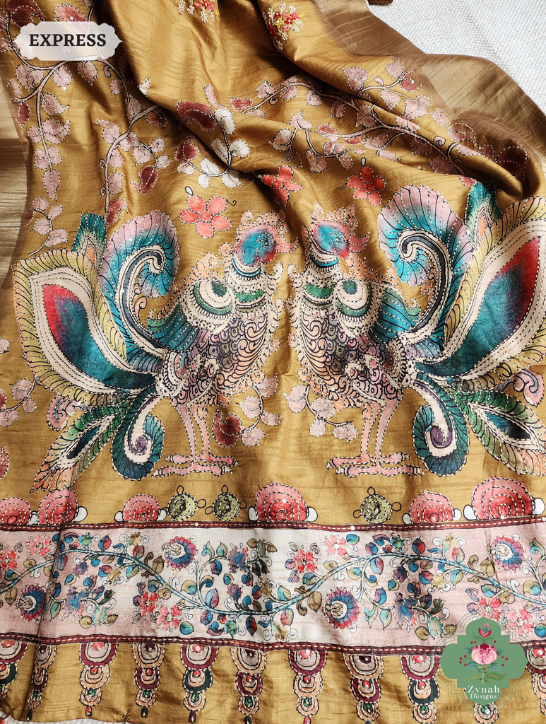 Zynah Mustard Yellow Jute Linen Saree With Kalamkari Pallu, Kantha & Sequins Highlight & Frenchknot Hand Embroidery; Custom Stitched/Ready-made Blouse, Fall, Petticoat; SKU: 0609202405