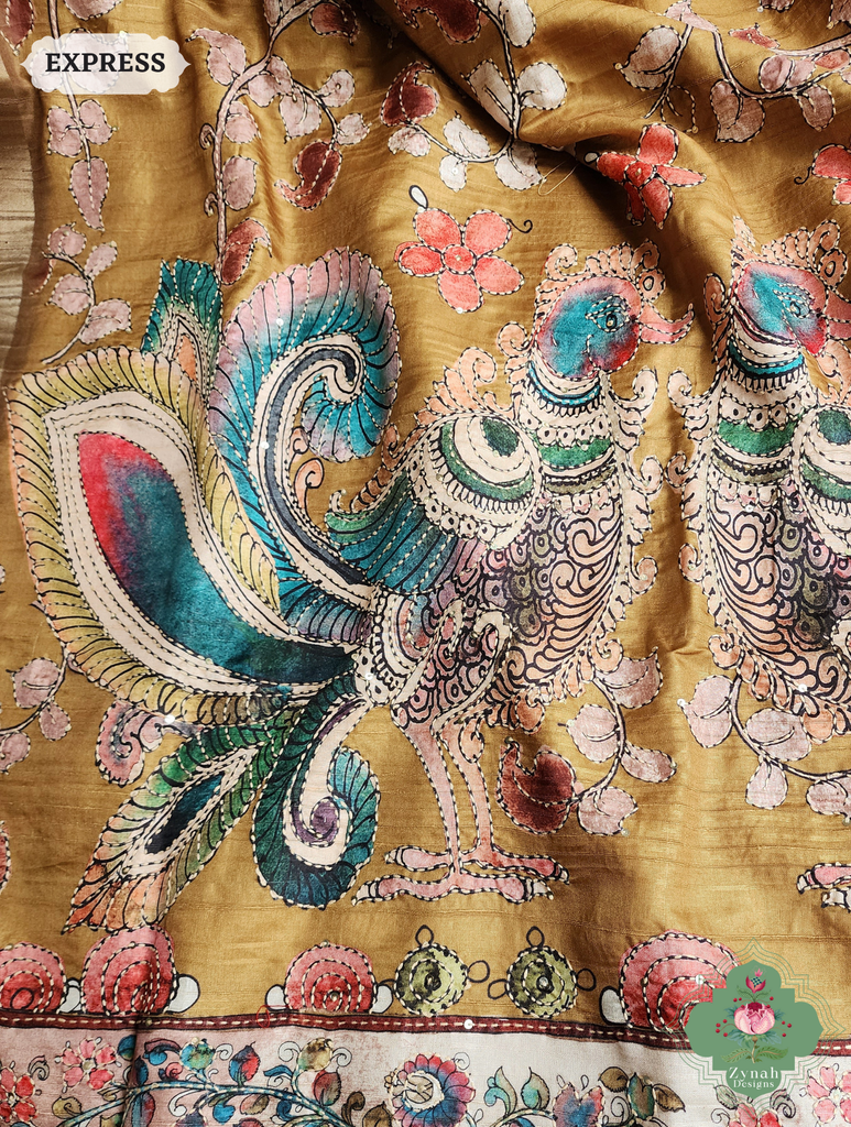 Zynah Mustard Yellow Jute Linen Saree With Kalamkari Pallu, Kantha & Sequins Highlight & Frenchknot Hand Embroidery; Custom Stitched/Ready-made Blouse, Fall, Petticoat; SKU: 0609202405