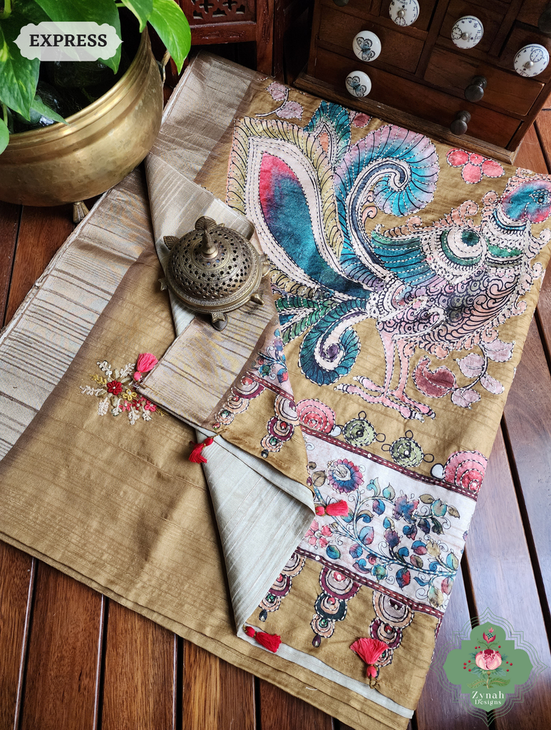 Zynah Mustard Yellow Jute Linen Saree With Kalamkari Pallu, Kantha & Sequins Highlight & Frenchknot Hand Embroidery; Custom Stitched/Ready-made Blouse, Fall, Petticoat; SKU: 0609202405