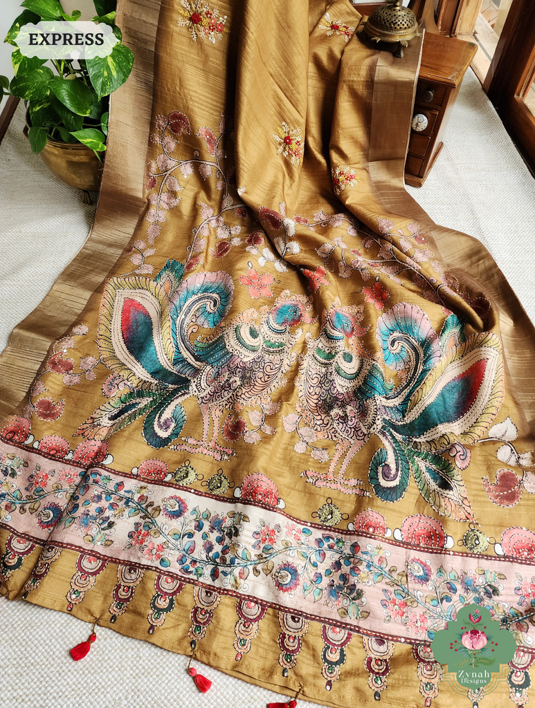 Zynah Mustard Yellow Jute Linen Saree With Kalamkari Pallu, Kantha & Sequins Highlight & Frenchknot Hand Embroidery; Custom Stitched/Ready-made Blouse, Fall, Petticoat; SKU: 0609202405
