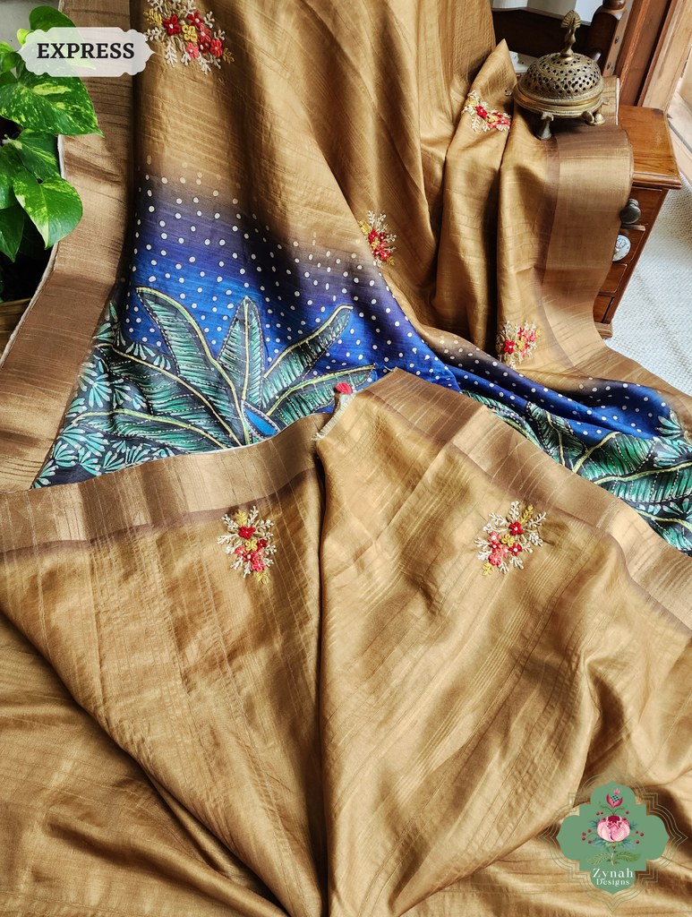 Zynah Mustard Yellow Jute Linen Saree With Pichwai Art Pallu, Kantha & Sequins Highlight & Frenchknot Hand Embroidery; Custom Stitched/Ready-made Blouse, Fall, Petticoat; SKU: 0609202406
