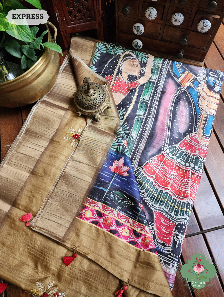 Zynah Mustard Yellow Jute Linen Saree With Pichwai Art Pallu, Kantha & Sequins Highlight & Frenchknot Hand Embroidery; Custom Stitched/Ready-made Blouse, Fall, Petticoat; SKU: 0609202406