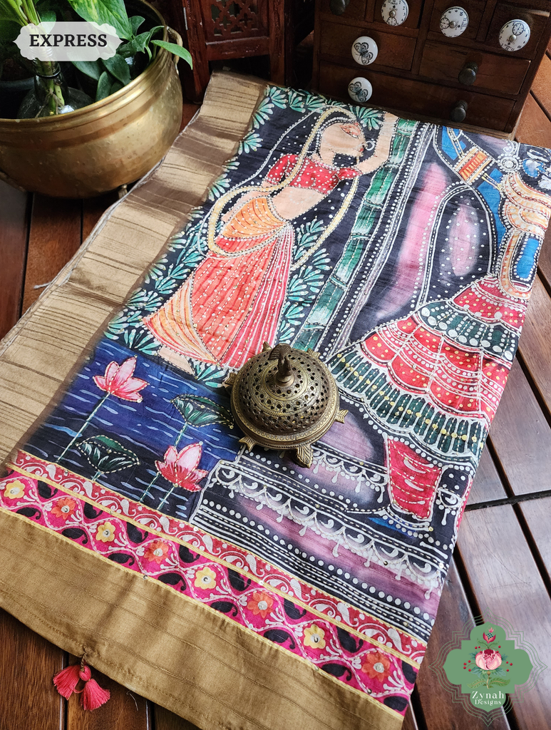 Zynah Mustard Yellow Jute Linen Saree With Pichwai Art Pallu, Kantha & Sequins Highlight & Frenchknot Hand Embroidery; Custom Stitched/Ready-made Blouse, Fall, Petticoat; SKU: 0609202406