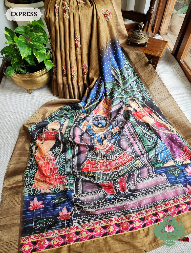 Zynah Mustard Yellow Jute Linen Saree With Pichwai Art Pallu, Kantha & Sequins Highlight & Frenchknot Hand Embroidery; Custom Stitched/Ready-made Blouse, Fall, Petticoat; SKU: 0609202406