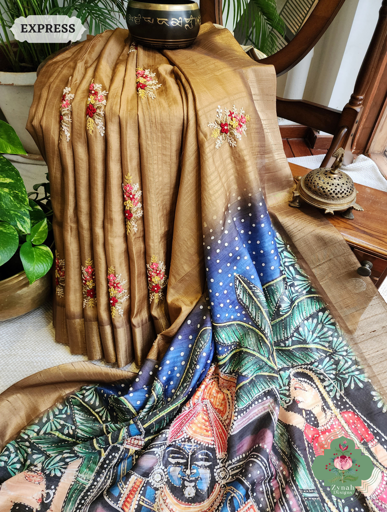 Zynah Mustard Yellow Jute Linen Saree With Pichwai Art Pallu, Kantha & Sequins Highlight & Frenchknot Hand Embroidery; Custom Stitched/Ready-made Blouse, Fall, Petticoat; SKU: 0609202406