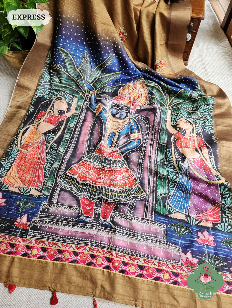 Zynah Mustard Yellow Jute Linen Saree With Pichwai Art Pallu, Kantha & Sequins Highlight & Frenchknot Hand Embroidery; Custom Stitched/Ready-made Blouse, Fall, Petticoat; SKU: 0609202406