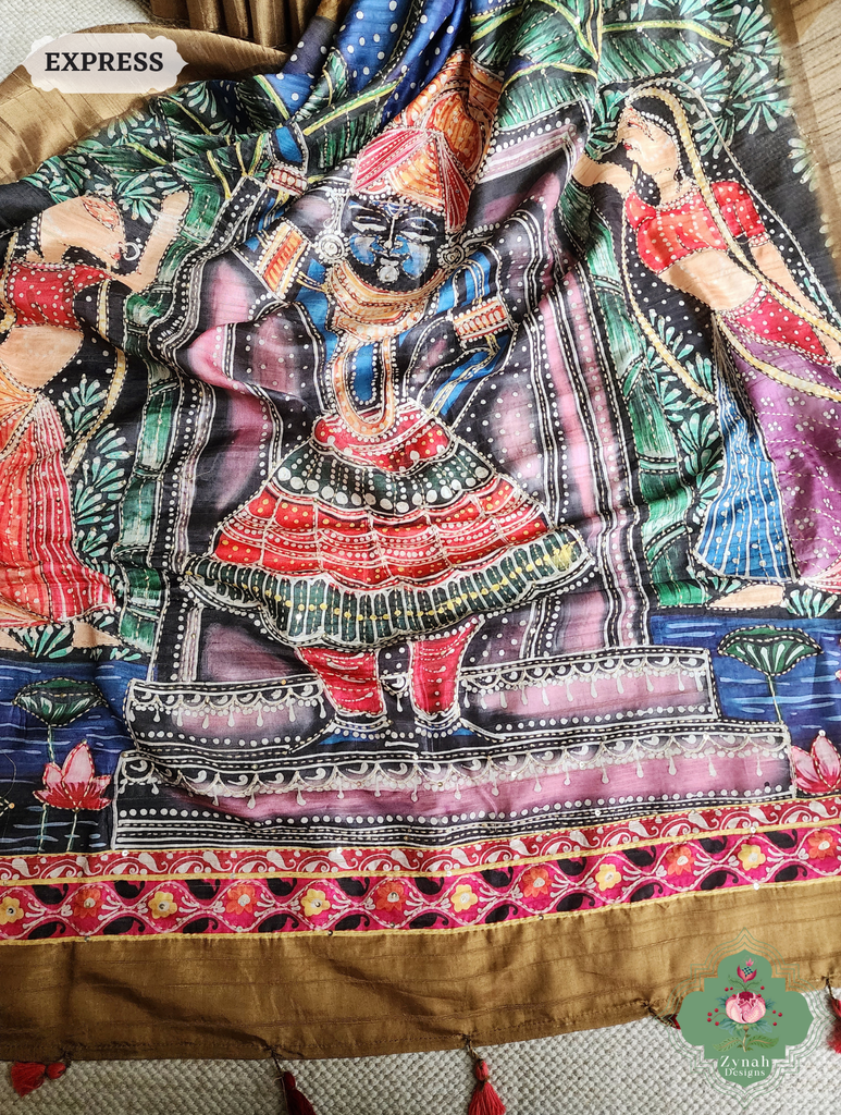 Zynah Mustard Yellow Jute Linen Saree With Pichwai Art Pallu, Kantha & Sequins Highlight & Frenchknot Hand Embroidery; Custom Stitched/Ready-made Blouse, Fall, Petticoat; SKU: 0609202406