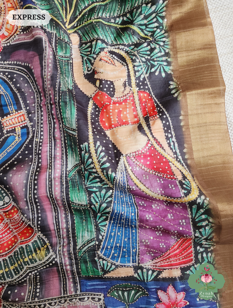 Zynah Mustard Yellow Jute Linen Saree With Pichwai Art Pallu, Kantha & Sequins Highlight & Frenchknot Hand Embroidery; Custom Stitched/Ready-made Blouse, Fall, Petticoat; SKU: 0609202406