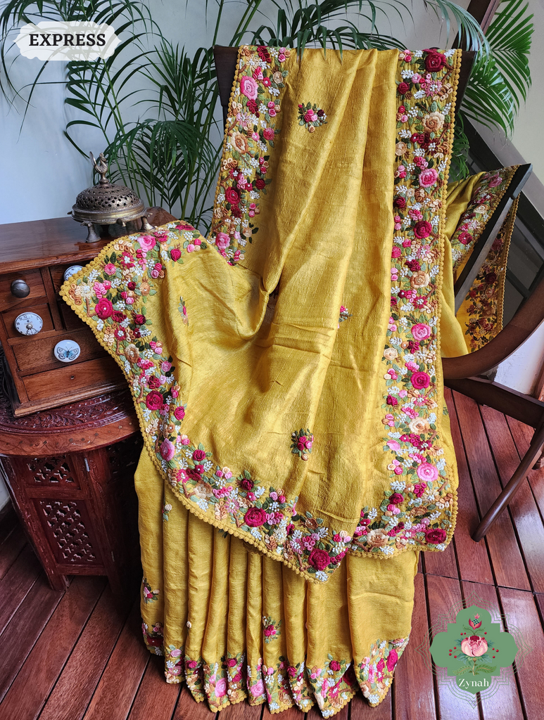 Mustard Yellow Handwoven Pure Tussar Silk Saree, Hand Frenchknot Embroidery & Crochet Edges