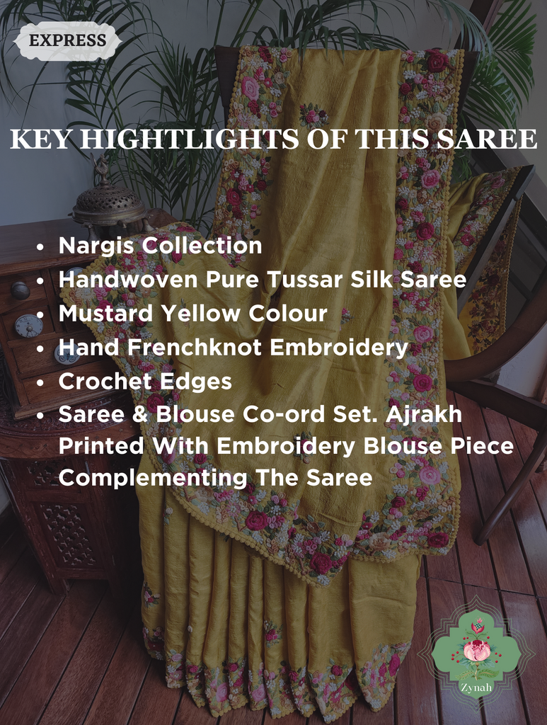 Mustard Yellow Handwoven Pure Tussar Silk Saree, Hand Frenchknot Embroidery & Crochet Edges