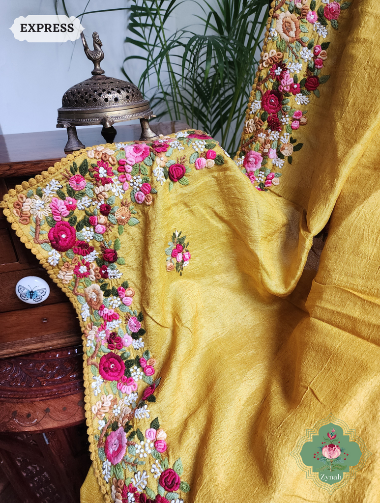 Mustard Yellow Handwoven Pure Tussar Silk Saree, Hand Frenchknot Embroidery & Crochet Edges