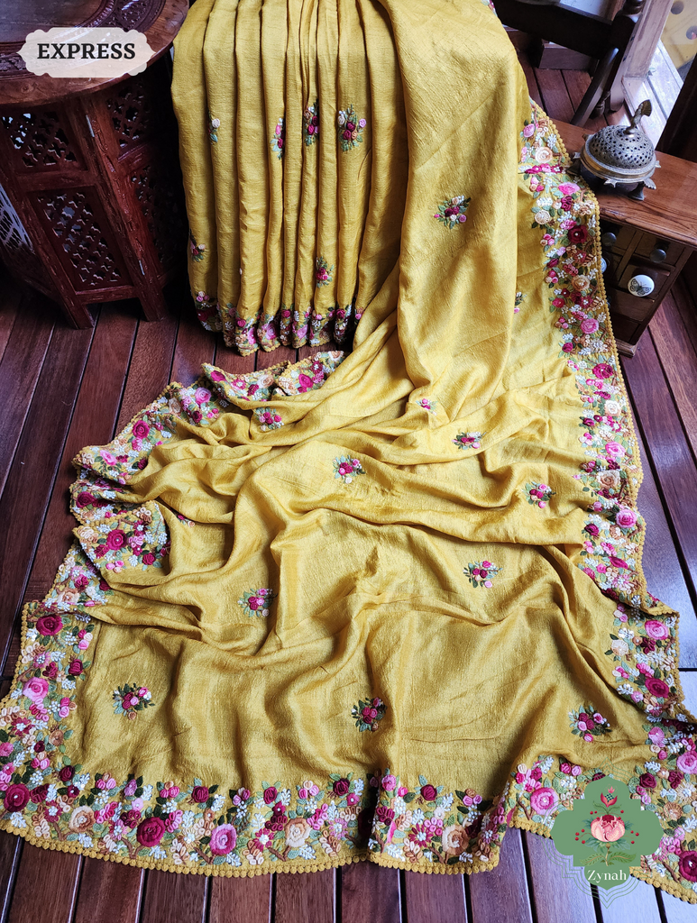 Mustard Yellow Handwoven Pure Tussar Silk Saree, Hand Frenchknot Embroidery & Crochet Edges