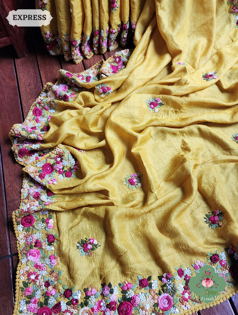 Mustard Yellow Handwoven Pure Tussar Silk Saree, Hand Frenchknot Embroidery & Crochet Edges