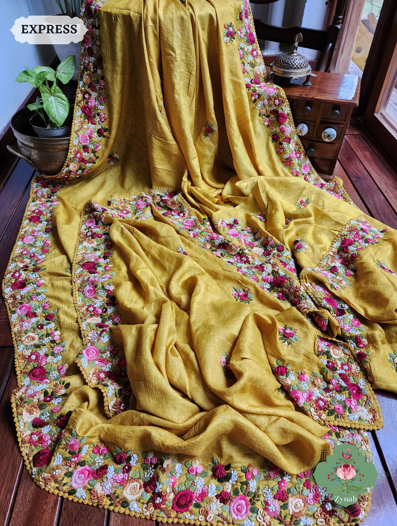 Mustard Yellow Handwoven Pure Tussar Silk Saree, Hand Frenchknot Embroidery & Crochet Edges