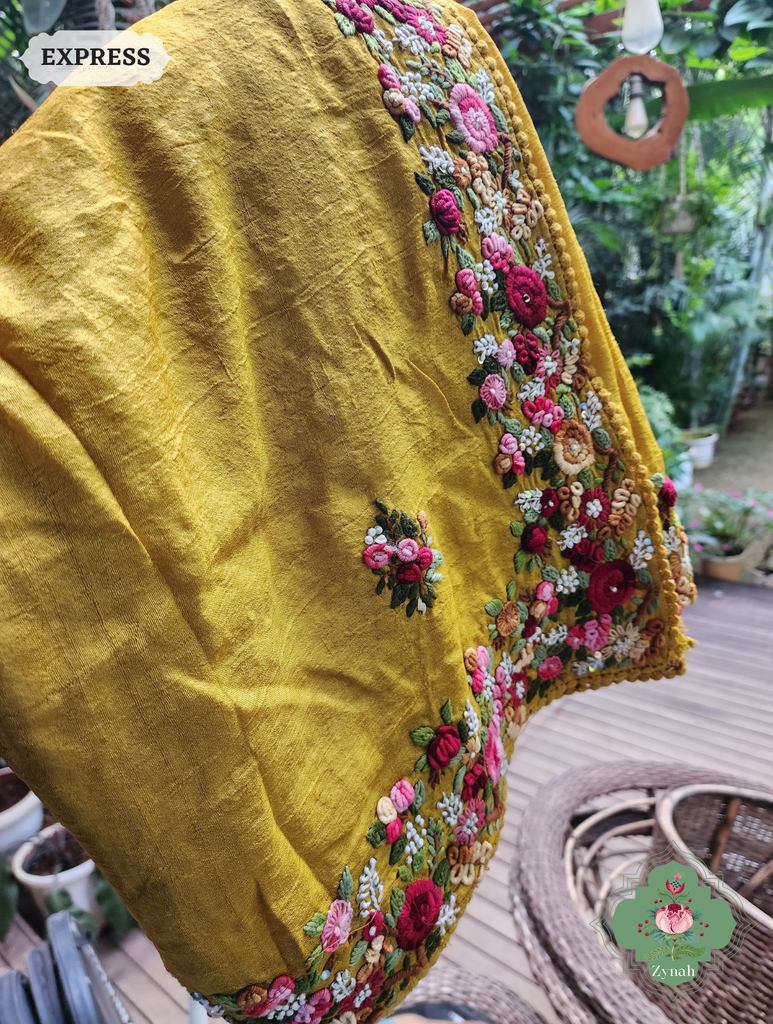 Mustard Yellow Handwoven Pure Tussar Silk Saree, Hand Frenchknot Embroidery & Crochet Edges