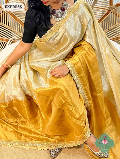 Zynah Metallic Gold & Mustard Linen Tissue Saree With Scalloped Lace & Mustard Tassels; Custom Stitched/Ready-made Blouse, Fall, Petticoat; SKU: 2703202508