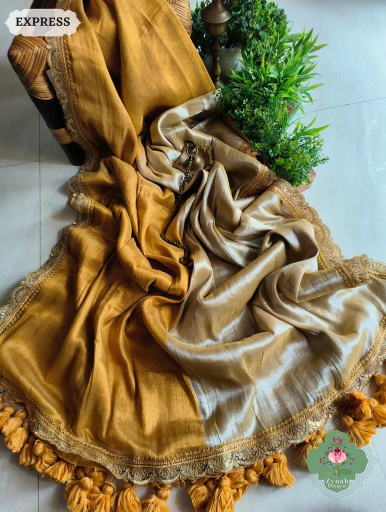 Zynah Metallic Gold & Mustard Linen Tissue Saree With Scalloped Lace & Mustard Tassels; Custom Stitched/Ready-made Blouse, Fall, Petticoat; SKU: 2703202508