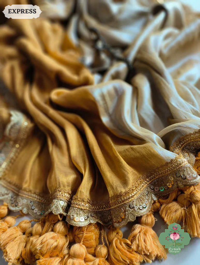 Zynah Metallic Gold & Mustard Linen Tissue Saree With Scalloped Lace & Mustard Tassels; Custom Stitched/Ready-made Blouse, Fall, Petticoat; SKU: 2703202508