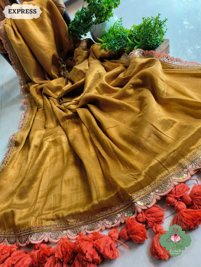 Zynah Metallic Mustard Linen Tissue Saree With Scalloped Lace & Orange Tassels; Custom Stitched/Ready-made Blouse, Fall, Petticoat; SKU: 2703202513