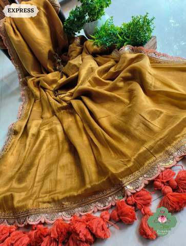 Zynah Metallic Mustard Linen Tissue Saree With Scalloped Lace & Orange Tassels; Custom Stitched/Ready-made Blouse, Fall, Petticoat; SKU: 2703202513