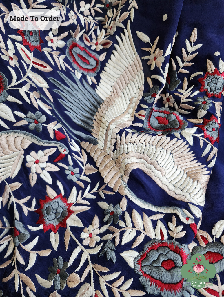 Navy Blue Crepe Silk Hand Embroidered Parsi Gara Saree 10