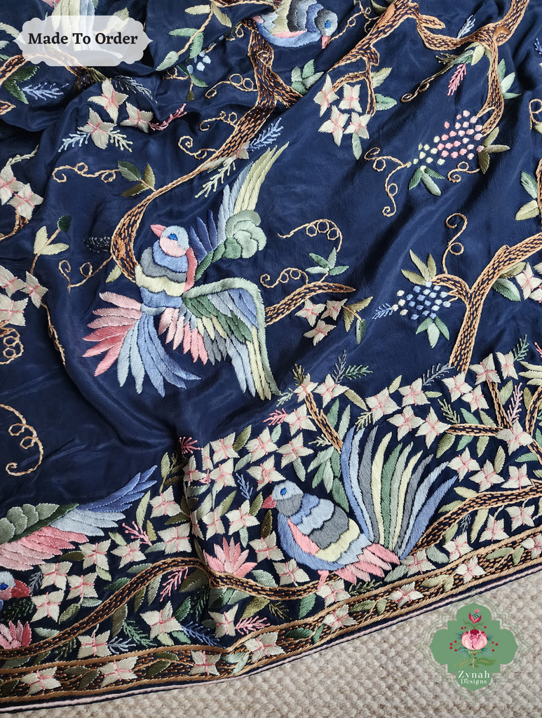 Zynah Made To Order Navy Blue Crepe Silk Hand Embroidered Authentic Parsi Gara Saree; Custom Stitched/Ready-made Blouse, Fall, Petticoat; SKU: 0905202503