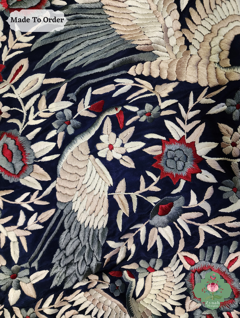 Navy Blue Crepe Silk Hand Embroidered Parsi Gara Saree 11