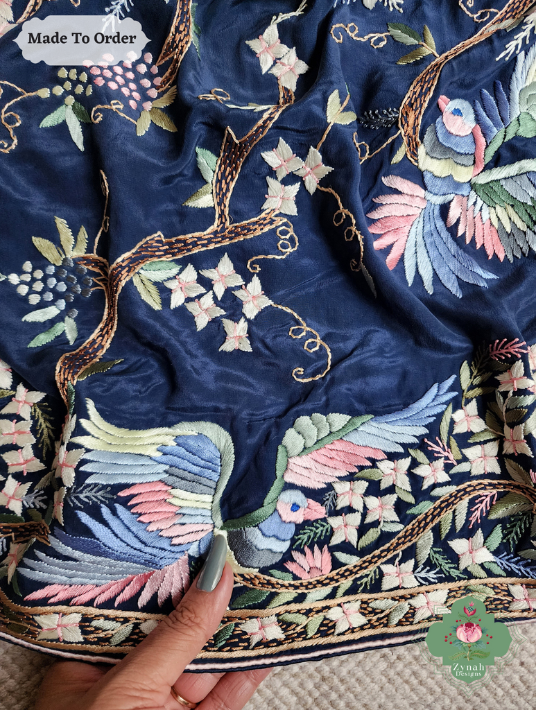 Zynah Made To Order Navy Blue Crepe Silk Hand Embroidered Authentic Parsi Gara Saree; Custom Stitched/Ready-made Blouse, Fall, Petticoat; SKU: 0905202503