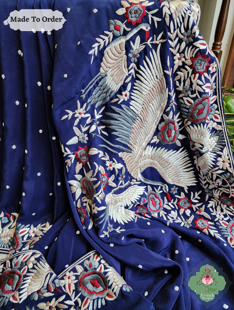 Navy Blue Crepe Silk Hand Embroidered Parsi Gara Saree 12