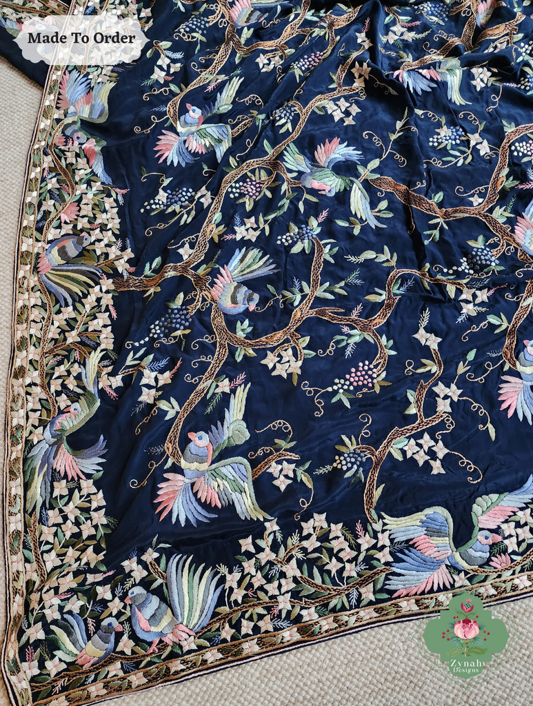 Zynah Made To Order Navy Blue Crepe Silk Hand Embroidered Authentic Parsi Gara Saree; Custom Stitched/Ready-made Blouse, Fall, Petticoat; SKU: 0905202503