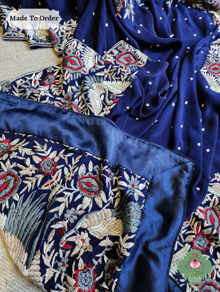 Navy Blue Crepe Silk Hand Embroidered Parsi Gara Saree 13