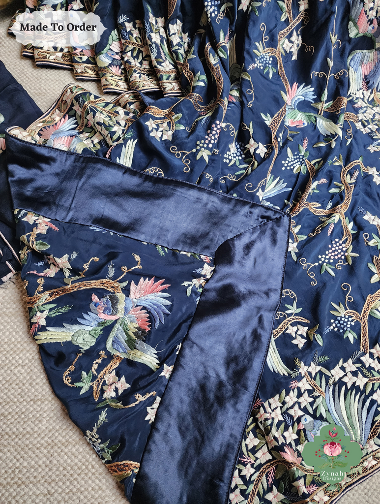 Zynah Made To Order Navy Blue Crepe Silk Hand Embroidered Authentic Parsi Gara Saree; Custom Stitched/Ready-made Blouse, Fall, Petticoat; SKU: 0905202503
