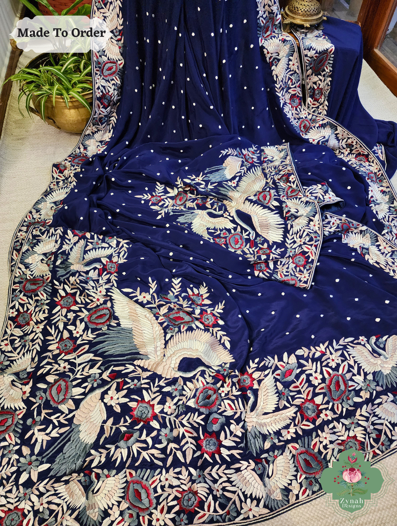 Navy Blue Crepe Silk Hand Embroidered Parsi Gara Saree 14
