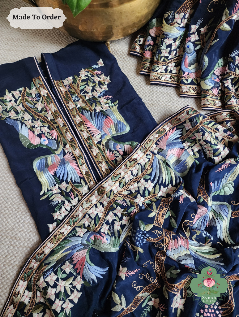 Zynah Made To Order Navy Blue Crepe Silk Hand Embroidered Authentic Parsi Gara Saree; Custom Stitched/Ready-made Blouse, Fall, Petticoat; SKU: 0905202503