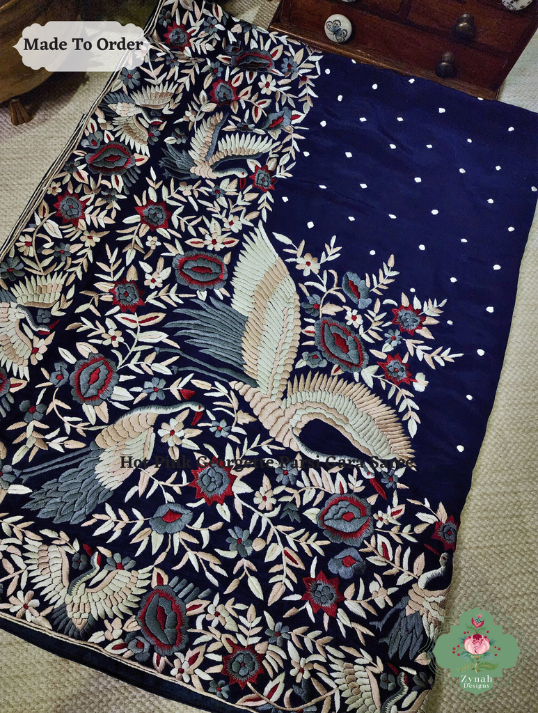 Navy Blue Crepe Silk Hand Embroidered Parsi Gara Saree 15