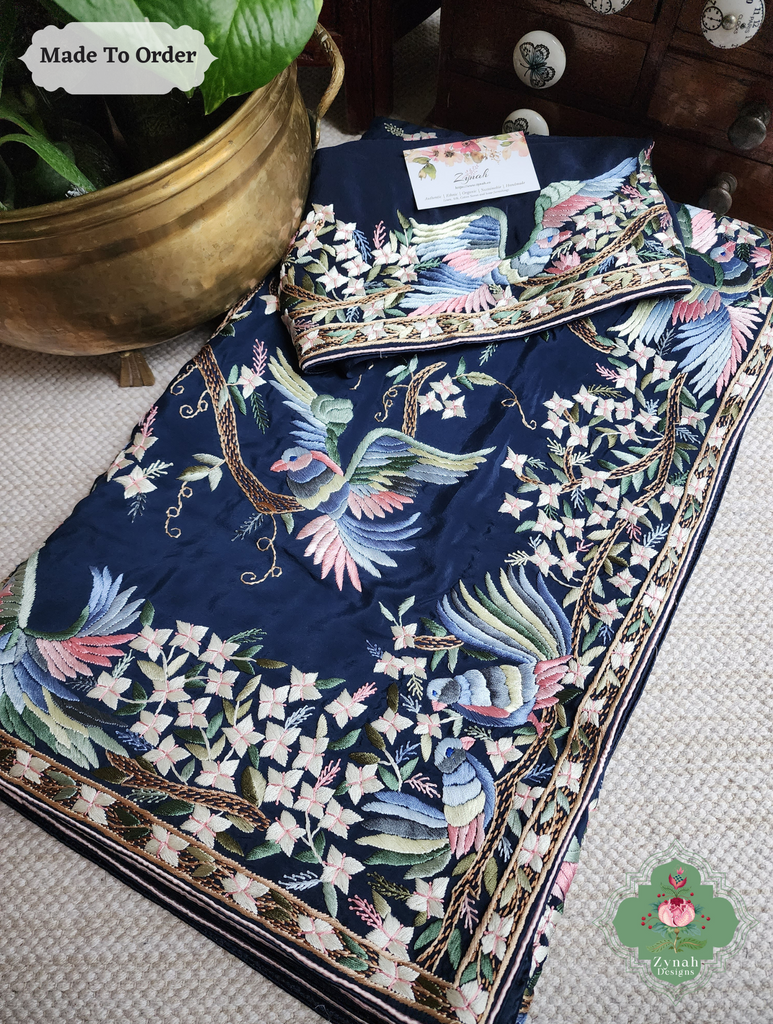 Zynah Made To Order Navy Blue Crepe Silk Hand Embroidered Authentic Parsi Gara Saree; Custom Stitched/Ready-made Blouse, Fall, Petticoat; SKU: 0905202503