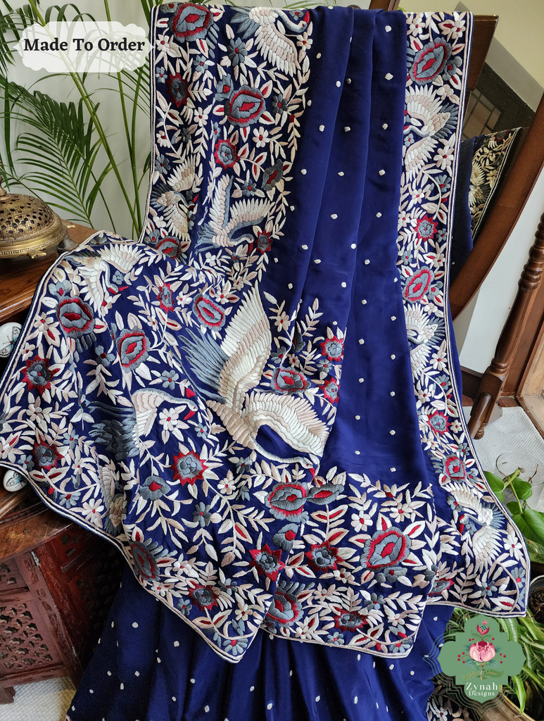Navy Blue Crepe Silk Hand Embroidered Parsi Gara Saree 3