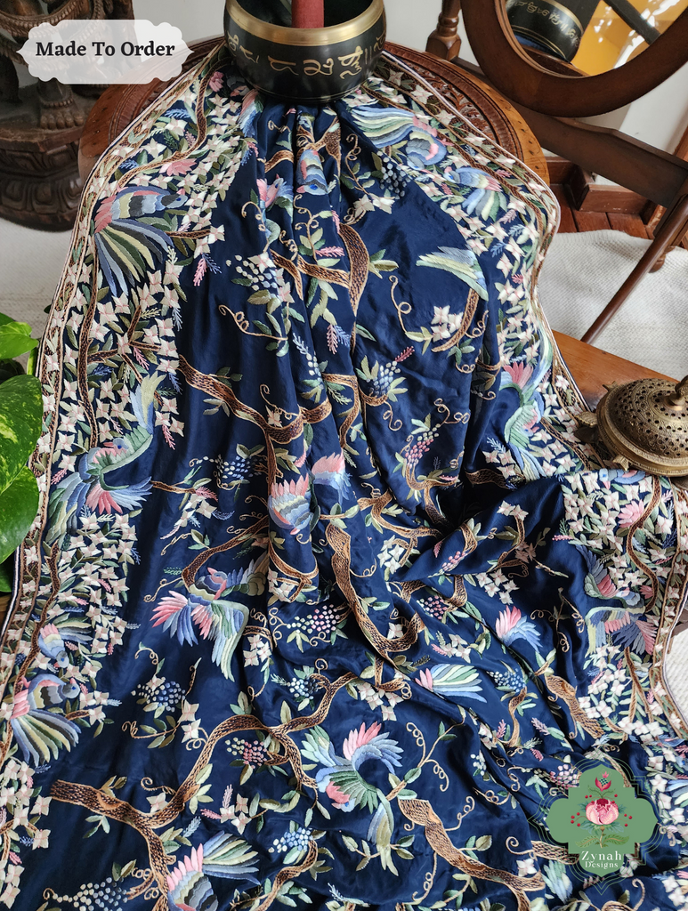 Zynah Made To Order Navy Blue Crepe Silk Hand Embroidered Authentic Parsi Gara Saree; Custom Stitched/Ready-made Blouse, Fall, Petticoat; SKU: 0905202503