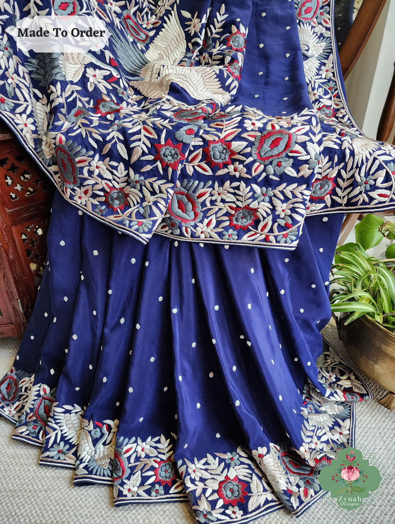 Navy Blue Crepe Silk Hand Embroidered Parsi Gara Saree 4