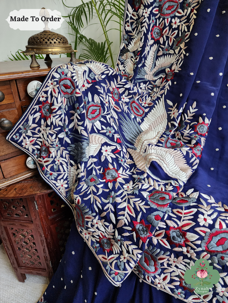Navy Blue Crepe Silk Hand Embroidered Parsi Gara Saree 5