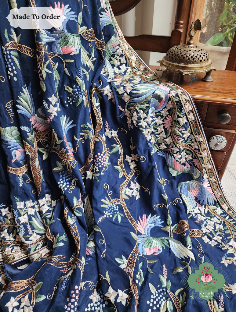 Zynah Made To Order Navy Blue Crepe Silk Hand Embroidered Authentic Parsi Gara Saree; Custom Stitched/Ready-made Blouse, Fall, Petticoat; SKU: 0905202503